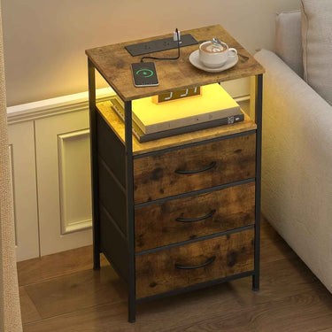 Advwin Bedside Table 2/3 Fabric Drawers Wooden, LED Nightstand with Charging Station And USB Port